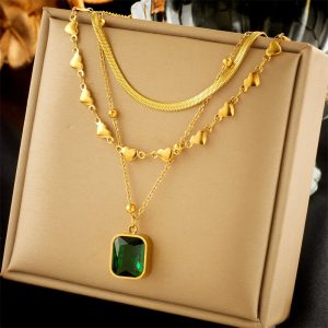 Luxury Gold Layered Heart Necklace with Green Stone
